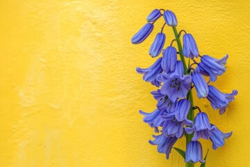 Fototapeta premium Shut bluebells against a yellow textured backdrop