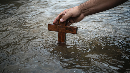 A hand emerges from the water, holding a wooden cross during a baptism ritual on Epiphany, symbolizing faith, purification, and spiritual renewal under sacred traditions. January 6th

