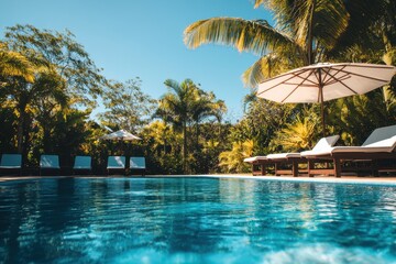 Obraz premium Swimming area with shade and recliners bright sky and lovely trees on a pleasant summer day