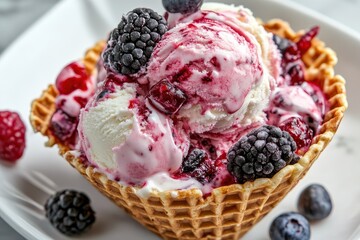 Swirl berry ice cream in a waffle cone on a sunny day