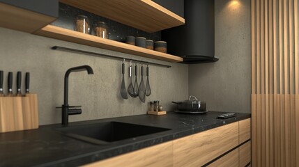 Modern kitchen with black sink, wooden cabinets, and dark countertops.
