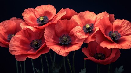 Vibrant Red Poppies on Black Background for Remembrance and Armistice Day