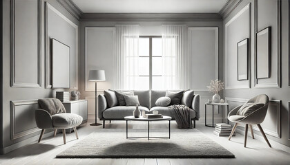 Fototapeta premium Modern Minimalist Living Room with Grey Sofa and Scandinavian Decor