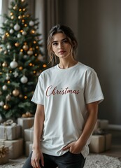 Obraz premium t-shirt mockup with Christmas background