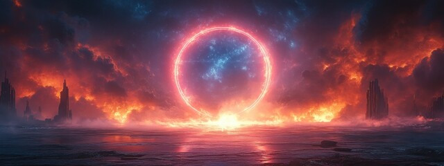 Cyberpunk Portal Scene with Glowing Circles and Cosmic Energy in Dramatic Lighting