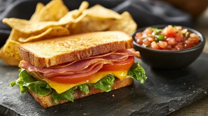 A hearty sandwich with lettuce, tomato, cheese, and ham, served with tortilla chips and salsa.