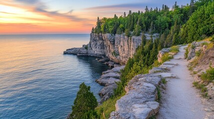 Obraz premium Serene Coastal Landscape at Sunset with Cliffs and Ocean View