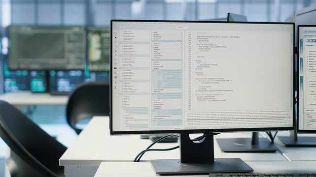 Computers in data center hosting rackmount ensuring faultless operations conditions. Close up of PC monitors on desk used for monitoring data center devices energy consumption, handheld camera shot
