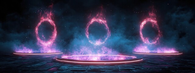 Hologram Portal Digital Technology Background with Glowing Circles and Cyberpunk Energy