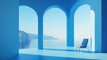 Fototapeta premium A serene blue interior with arches overlooking a tranquil seascape and a solitary chair.