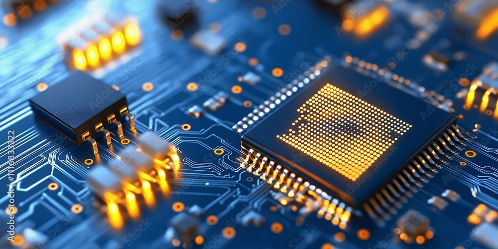 Aufkleber close-up of a high-tech microchip embedded in a circuit board, showcasing complex patterns and glowi