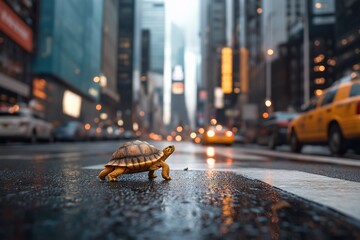 A Slow and Steady Turtle Making Its Way Across a Busy City Street Amidst Tall Buildings and Bright...