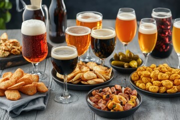 Variety of beers and snacks on a grey wood table