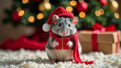 Fluffy gray rodent in Santa hat holding tiny red gift box, sitting on snowy surface with decorated Christmas tree and presents on background. Open presents with hamster after christmas night. Present