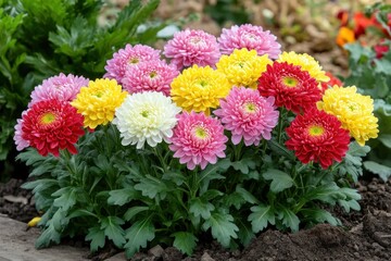 Vibrant chrysanthemums flourish in the garden s flower bed