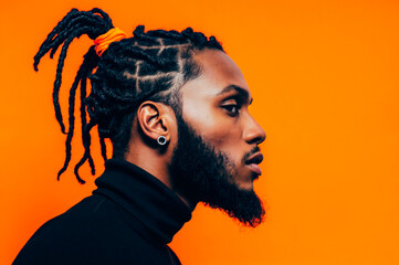 Side profile of a Black man with braided ponytail and beard against an orange background.  .