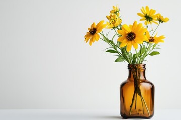 Fototapeta premium White backdrop with vase of yellow blooms