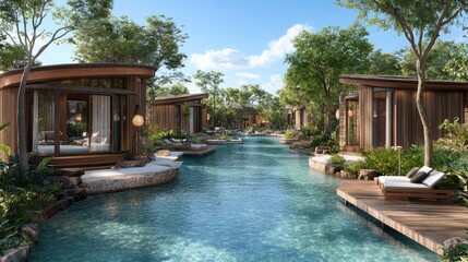 Serene Resort Cabins Nestled by Crystal Clear Waters and Lush Trees