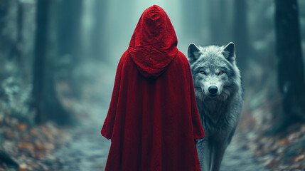 Little Red Riding Hood and the wolf walking through a forest, with the back of the girl in the red cloak creating a mysterious, symbolic atmosphere of adventure and danger
