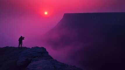 Fototapeta premium Photographer Captures Sunset Over Misty Canyon Landscape at Dusk