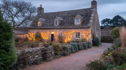 Obraz premium Cozy Stone House with Warm Holiday Lights in Winter Twilight
