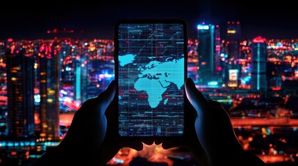Global data visualization on smartphone urban nightscape digital technology futuristic viewpoint