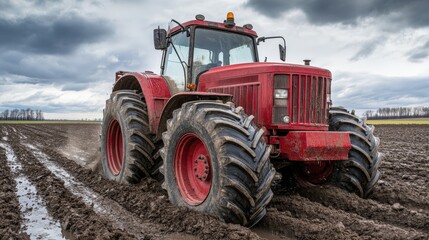 Obraz premium Red Tractor Tilling Agricultural Field