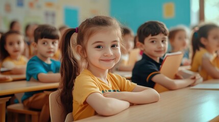 Obraz premium primary elementary school group of children studying in the classroom. learning and sitting at the desk. young cute kids smiling, high quality photo