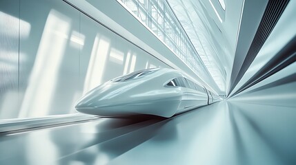 Obraz premium Futuristic high-speed train traveling through a modern, sleek tunnel.