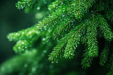 Fototapeta premium Fresh green pine branches covered in raindrops, creating a natural and refreshing atmosphere. Ideal for nature and tranquility themes.