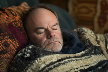Obraz premium Old Man Peacefully Rest Under a Cozy Blanket