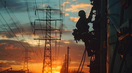 Silhouette of a lineman working on high-voltage power equipment at sunset.