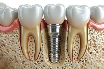 dental implant screw closeup in jawbone during dental implantation procedure with ceramic crown