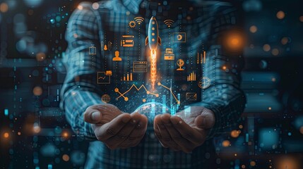 Obraz premium Hands Holding a Digital Rocket Launching with Global Data and Analytics