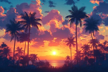 Obraz premium Tropical Sunset Scene with Palm Trees on Beach Watercolor Painting