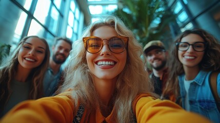 Excited diverse business team taking a group selfie in modern office during conference