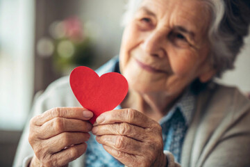 Elderly woman holding red heart shape in her hands. Close-up of senior lady showing paper heart with love and care.  