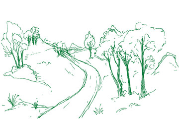 Hand drawn Rural landscape with road and tree with green pen. illustration.
