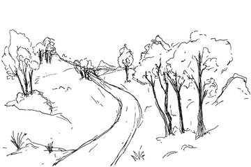 Rural landscape with road and tree with black pen hand drawn illustration