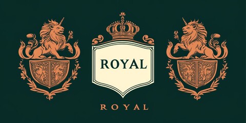 Royal crest lion unicorn heraldry emblem vintage shield crown symbol
