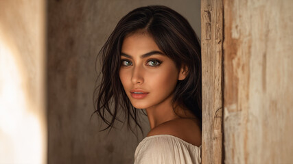 Fototapeta premium A beautiful woman of Spanish or Mexican heritage stands outdoors and leans against a wooden door jamb. She has radiant skin. Natural makeup. Skin care and cosmetics. Outdoor lighting.