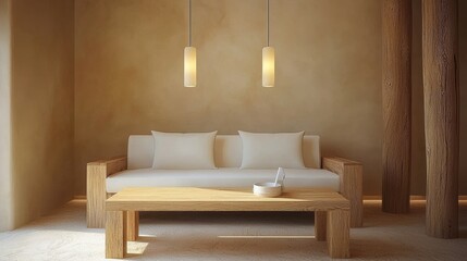 Modern living room design with minimalist sofa and wooden accents in serene interior environment