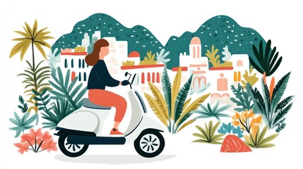 Fototapeta premium A woman riding a scooter through a vibrant, tropical landscape with buildings in the background.