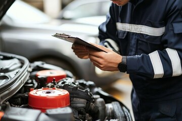 Obraz premium Car Mechanic Working on Engine with Wrench and Clipboard in Automotive Workshop