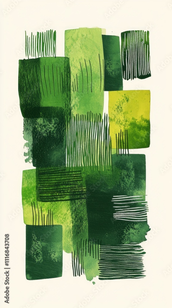 Poster An intricate drawing unfolds with various lines and shapes, capturing the essence of nature through a symphony of green hues. Each segment offers a different texture, inviting exploration