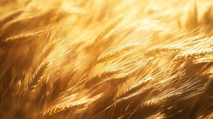 Golden wheat field backlit by sunlight, showing texture and detail of the ripe grains.
