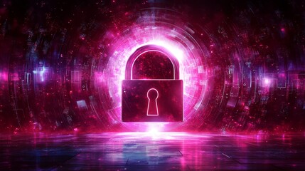 Cyber Security  Neon Padlock in Digital Cityscape