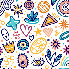 Colorful abstract seamless pattern with hand-drawn shapes, hearts, stars, and floral elements on white background.