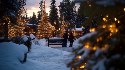 Romantic Winter Evening Stroll in a Snowy Christmas Village