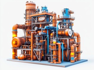 Fototapeta premium Industrial Factory Complex Orange and Blue Pipes D Render